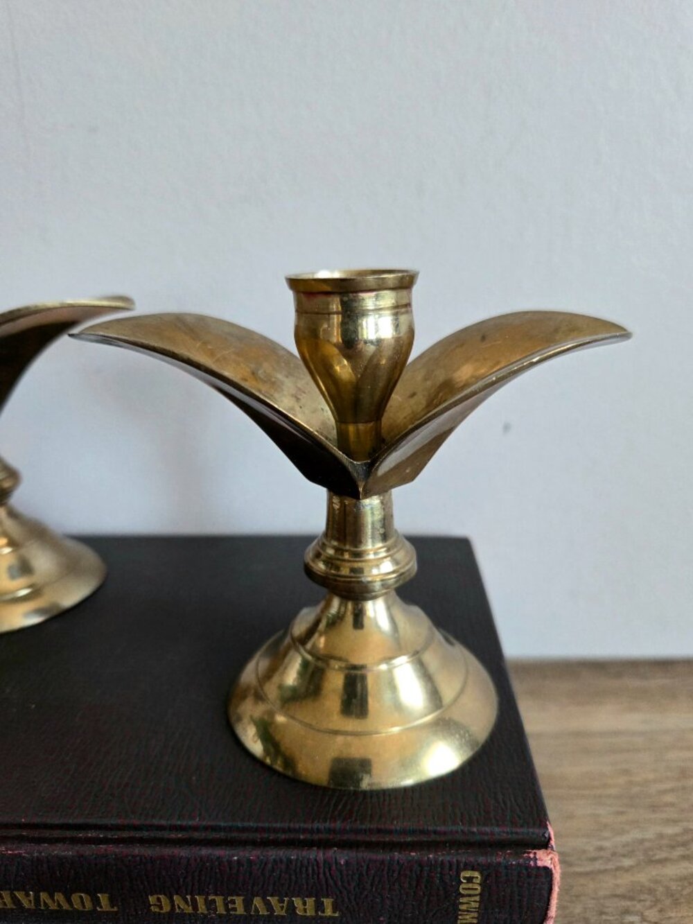 Pair of Solid Brass Vintage Handmade Candlesticks Candleholders Floral Shape - Picture 3 of 8